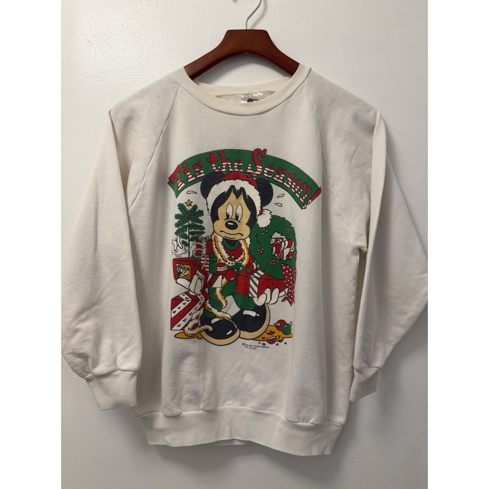 Vintage Disney Mickey Mouse Christmas White Crewneck Sweatshirt Size M USA Made